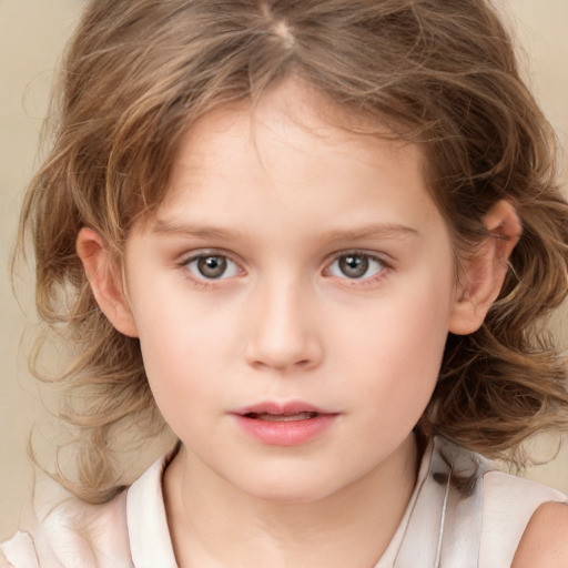 Neutral white child female with medium  brown hair and grey eyes