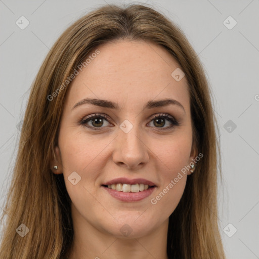 Joyful white young-adult female with long  brown hair and green eyes