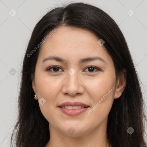 Joyful white young-adult female with long  brown hair and brown eyes