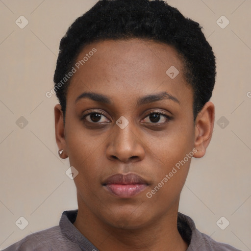 Neutral black young-adult female with short  black hair and brown eyes