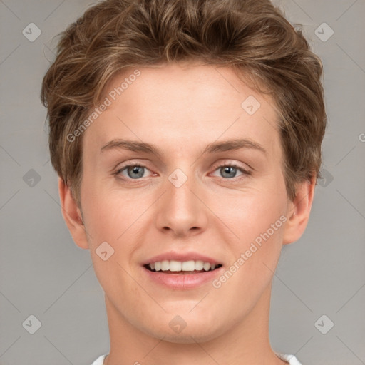 Joyful white young-adult female with short  brown hair and grey eyes