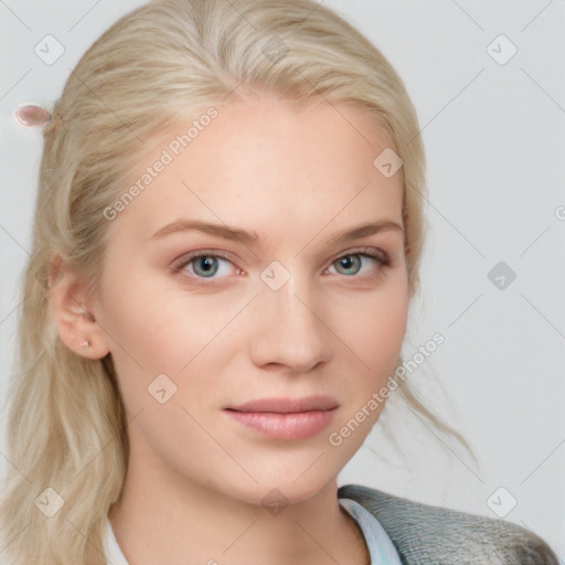 Joyful white young-adult female with medium  brown hair and blue eyes