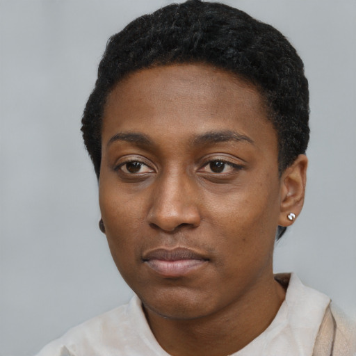 Neutral black young-adult female with short  black hair and brown eyes