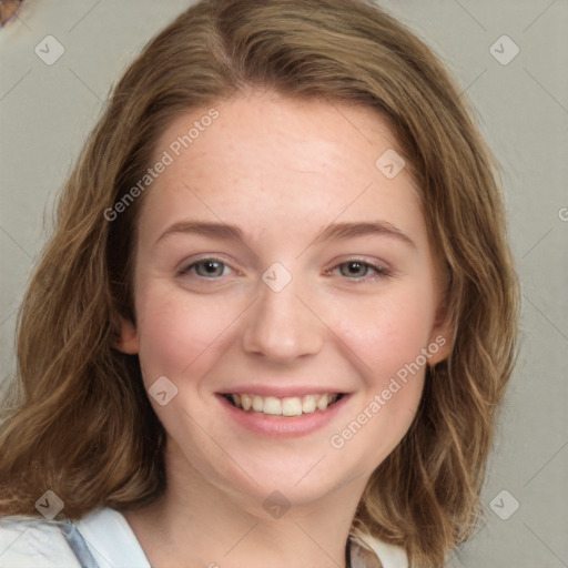 Joyful white young-adult female with medium  brown hair and blue eyes