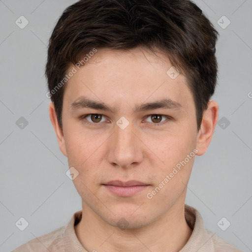 Neutral white young-adult male with short  brown hair and brown eyes