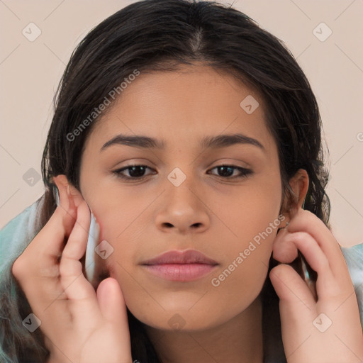 Neutral white young-adult female with long  brown hair and brown eyes