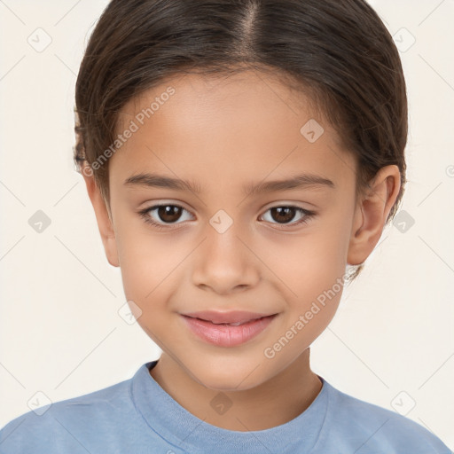 Joyful white child female with short  brown hair and brown eyes