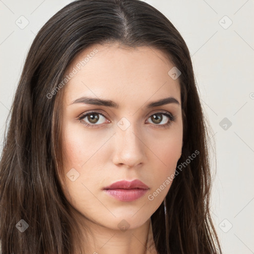 Neutral white young-adult female with long  brown hair and brown eyes