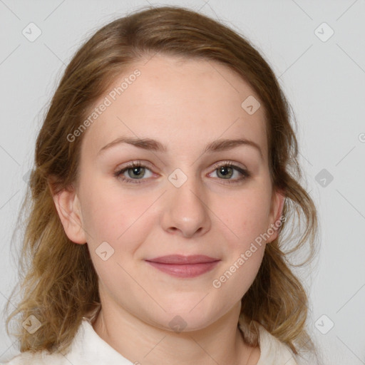 Joyful white young-adult female with medium  brown hair and blue eyes