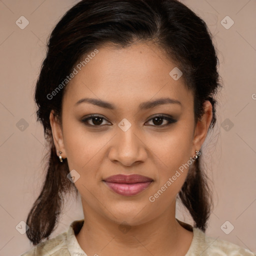 Joyful latino young-adult female with medium  brown hair and brown eyes