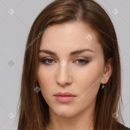 Neutral white young-adult female with long  brown hair and brown eyes