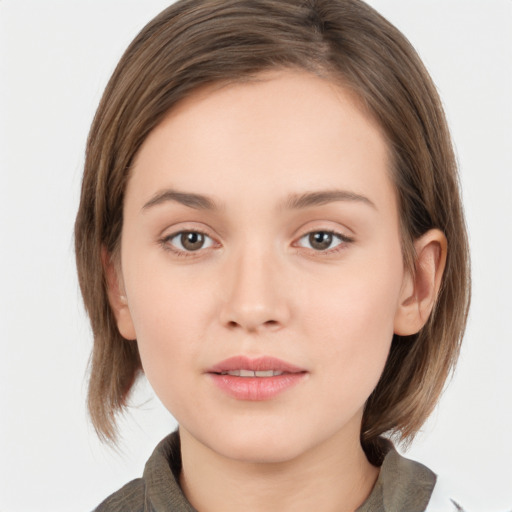 Neutral white young-adult female with medium  brown hair and brown eyes