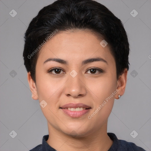 Joyful asian young-adult female with short  brown hair and brown eyes
