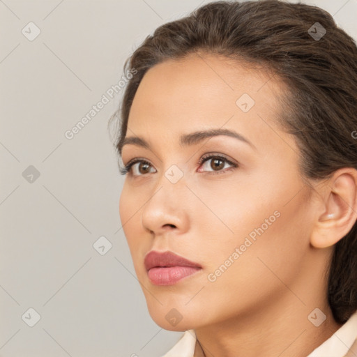 Neutral white young-adult female with short  brown hair and brown eyes