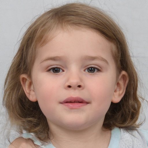 Neutral white child female with medium  brown hair and blue eyes