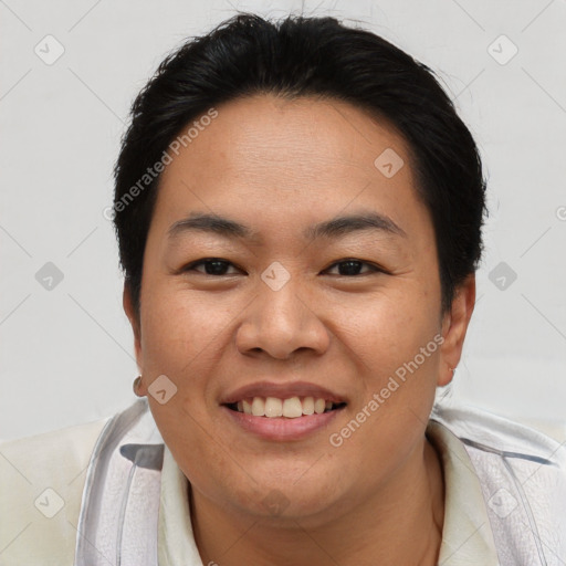 Joyful asian young-adult female with short  brown hair and brown eyes