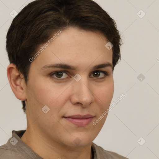 Joyful white young-adult female with short  brown hair and grey eyes