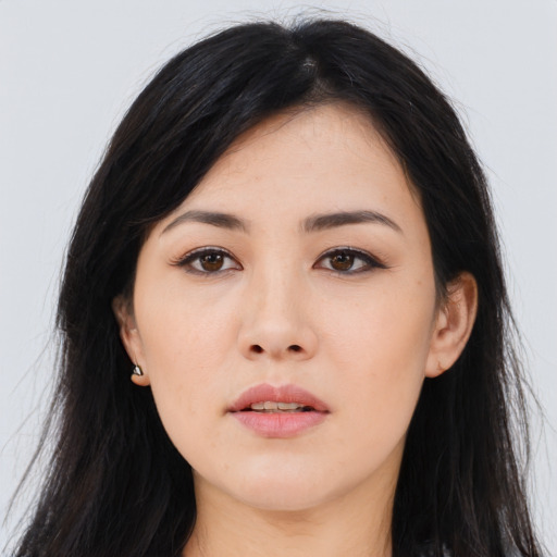Neutral asian young-adult female with long  black hair and brown eyes
