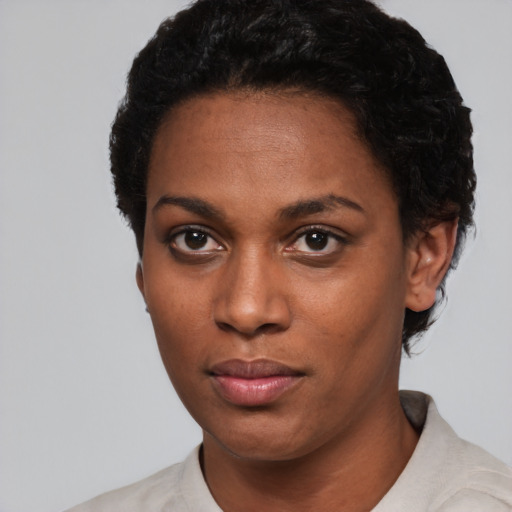 Neutral black young-adult female with short  black hair and brown eyes