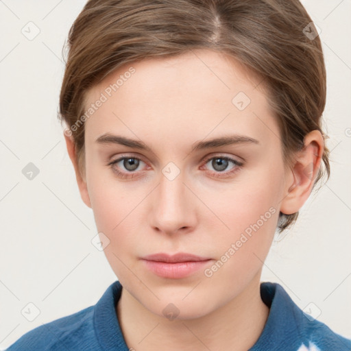 Neutral white young-adult female with medium  brown hair and grey eyes