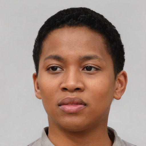 Neutral black young-adult female with short  black hair and brown eyes