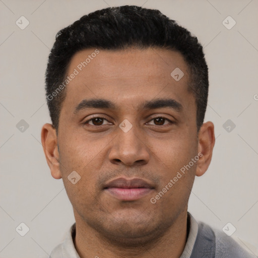 Neutral latino young-adult male with short  black hair and brown eyes