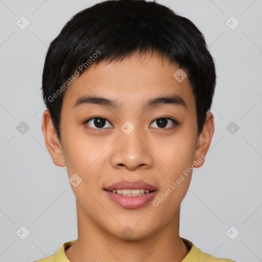 Joyful asian young-adult male with short  black hair and brown eyes