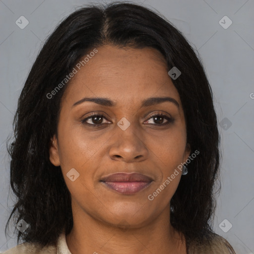 Joyful black young-adult female with medium  brown hair and brown eyes