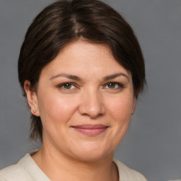 Joyful white adult female with medium  brown hair and brown eyes