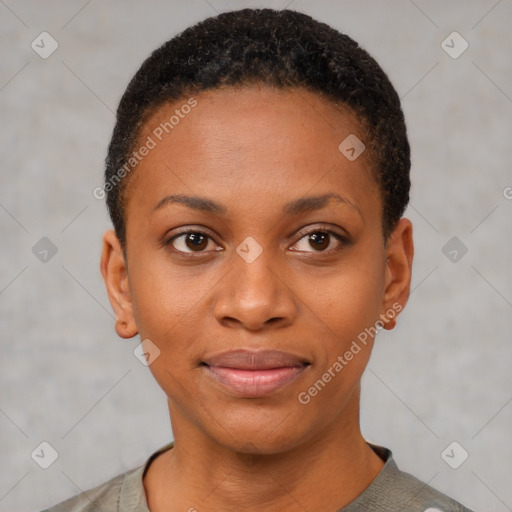 Joyful black young-adult female with short  black hair and brown eyes