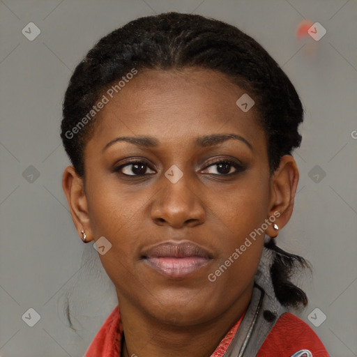 Neutral black young-adult female with short  brown hair and brown eyes