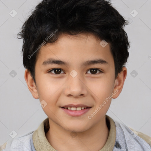 Joyful asian child male with short  brown hair and brown eyes