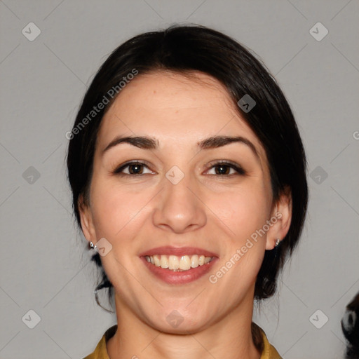 Joyful white young-adult female with medium  brown hair and brown eyes