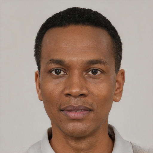 Neutral black young-adult male with short  black hair and brown eyes