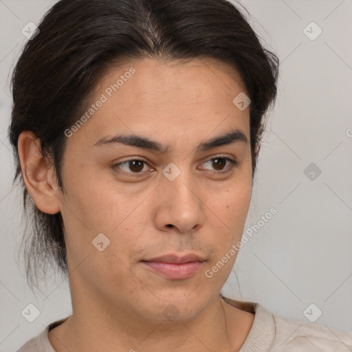 Neutral latino young-adult male with short  brown hair and brown eyes