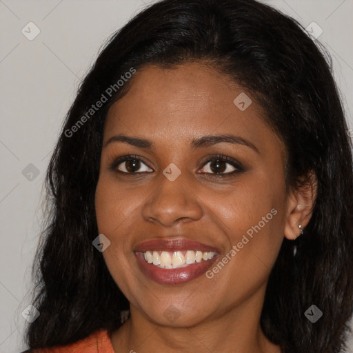 Joyful black young-adult female with medium  brown hair and brown eyes