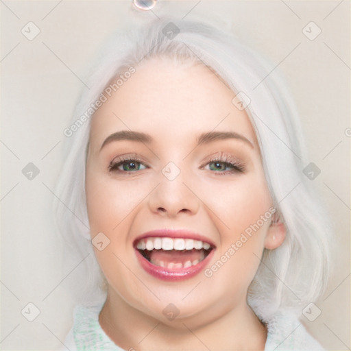 Joyful white young-adult female with long  brown hair and blue eyes