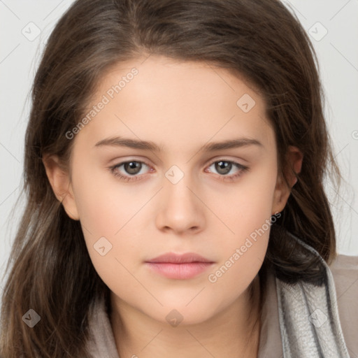 Neutral white young-adult female with long  brown hair and brown eyes