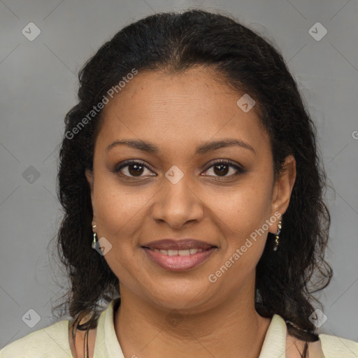 Joyful black young-adult female with medium  brown hair and brown eyes