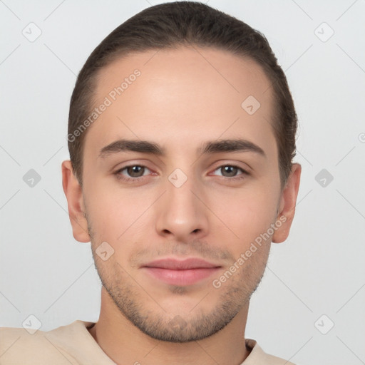 Neutral white young-adult male with short  brown hair and brown eyes