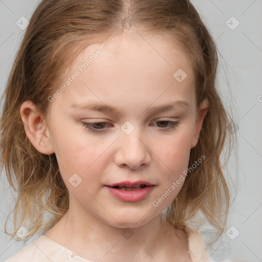 Joyful white child female with medium  brown hair and grey eyes