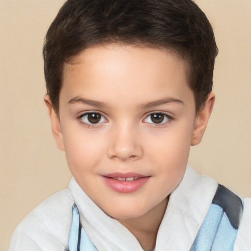 Joyful white child female with short  brown hair and brown eyes