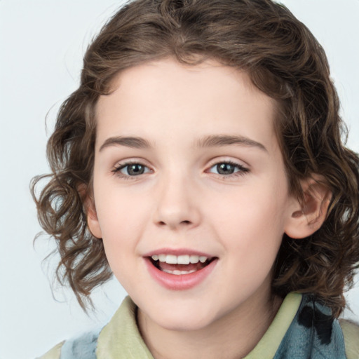 Joyful white child female with medium  brown hair and brown eyes