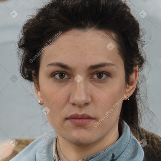 Neutral white young-adult female with short  brown hair and brown eyes