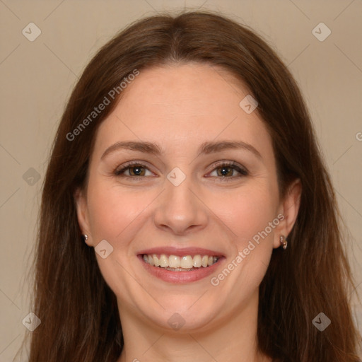 Joyful white young-adult female with long  brown hair and grey eyes