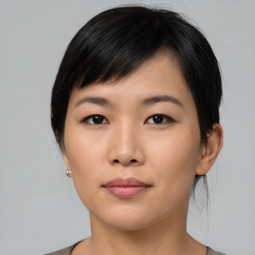 Neutral asian young-adult female with short  black hair and brown eyes