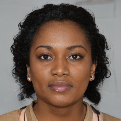 Neutral black young-adult female with medium  brown hair and brown eyes