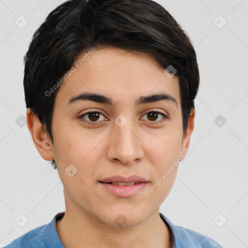 Joyful latino young-adult female with short  brown hair and brown eyes