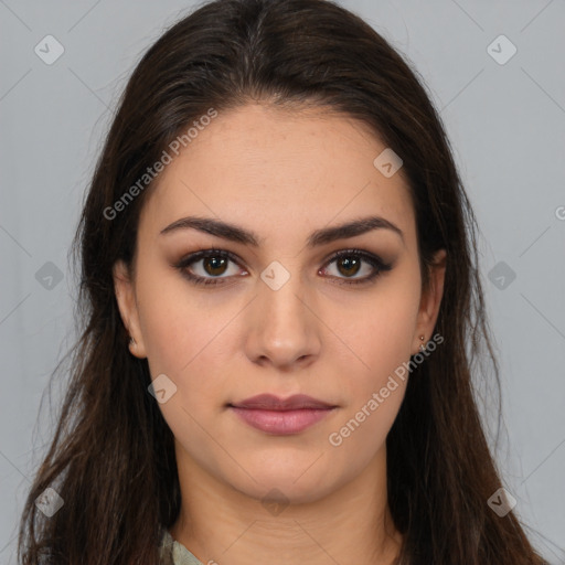 Neutral white young-adult female with long  brown hair and brown eyes