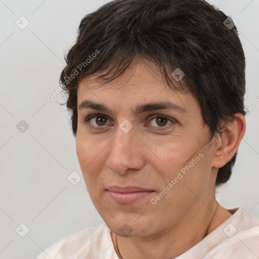 Joyful white adult female with short  brown hair and brown eyes